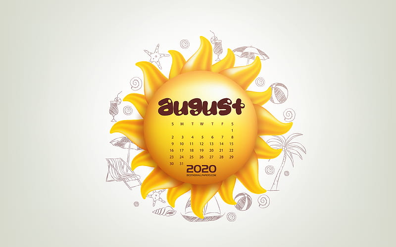2020 August Calendar, 3d sun, summer, August, 2020 summer calendars, August 2020 Calendar, summer background, HD wallpaper