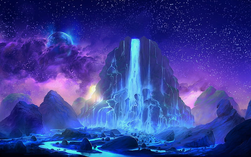 mountains, waterfall, night, starry sky, HD wallpaper