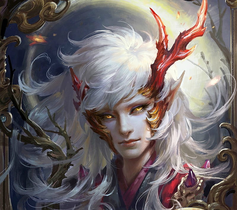 Demon, red, art, luminos, su fu, man, horns, fantasy, face, white, injured, HD wallpaper
