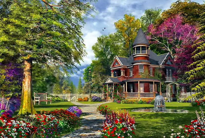 Paradise house, colorful, house, cottage, cabin, bonito, countryside, nice, path, flowers, calmness, lovely, park, sky, trees, yard, alleys, serenity, paradise, peaceful, summer, garden, HD wallpaper