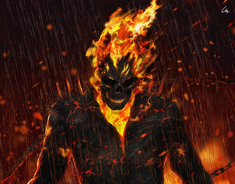 ghost rider, flames, raining, artwork, Movies, HD wallpaper