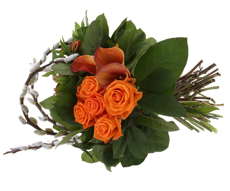 Bouquet, pretty, orange, rose, bride, bonito, graphy, nice, green, calla, flowers, beauty, harmony lovely, romantic, romance, colors, delicate, roses, wedding, elegantly, willow branches, cool, flower, white, wint love, HD wallpaper
