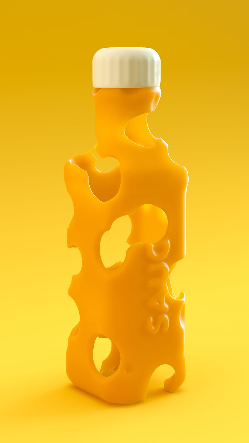 Sauce 3 - Cheese, 3d, Perry, Sauce, abstract, artart, black, bottle, bright, cgi, cheese, cheese sauce, colorful, colourful, cute, heart, isometric, love, plastic, random, red, render, romance, yellow, HD phone wallpaper