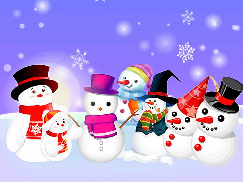 ✰Let's have fun with Snowmen✰, scarves, objects, digital art, xmas and new year, greetings, joyful, snowmen, hats, lovely, creative premade, christmas, happiness, fun, blessings, cute, snowflakes, winter holidays, celebrations, vector, HD wallpaper