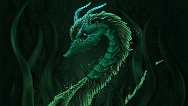 Seahorse, sakuya leyba, vara, green, luminos, summer, dragon, dragin, fantasy, HD wallpaper