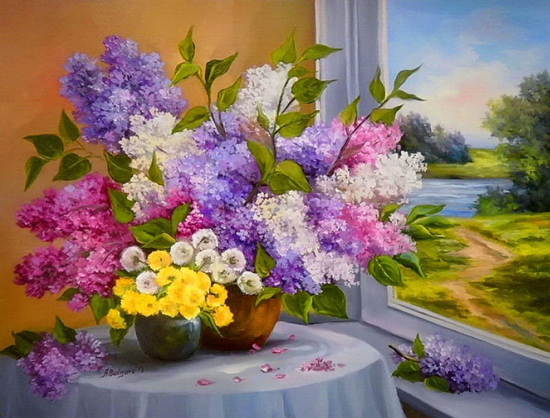 Still life, lilac, pretty, home, vase, bonito, fragrance, nice, painting, path, flowers, beauty, room, art, lovely, window, view, scent, spring, sky, lake, bouquet, nature, HD wallpaper