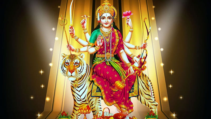 God Durga Is Sitting On Tiger In Yellow Lights Background Durga, HD  wallpaper | Peakpx