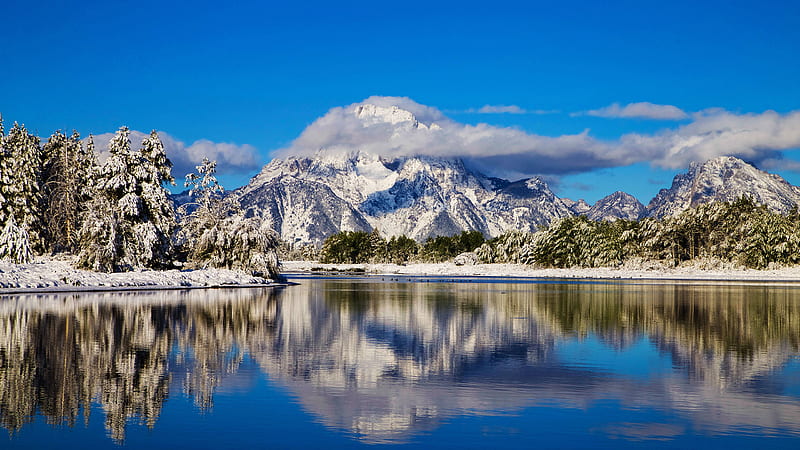 Cloud On White Covered Mountain In Grand Teton National Park With Reflection On River In Wyoming Nature, HD wallpaper