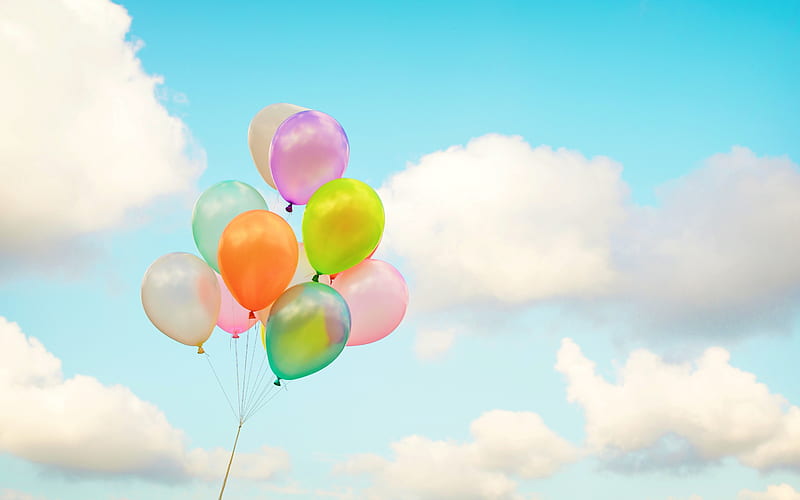 colorful balloons, blue sky, white clouds, bunch of balloons, holiday, HD wallpaper