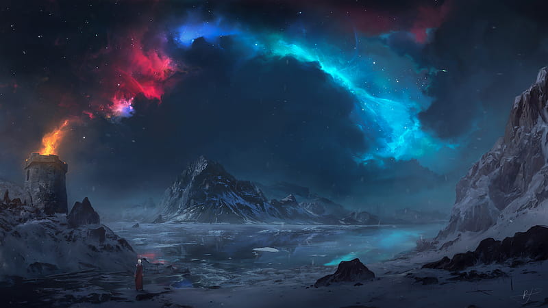 fantasy landscape, bonito, nebula, mountains, stars, warrior, back view, Fantasy, HD wallpaper
