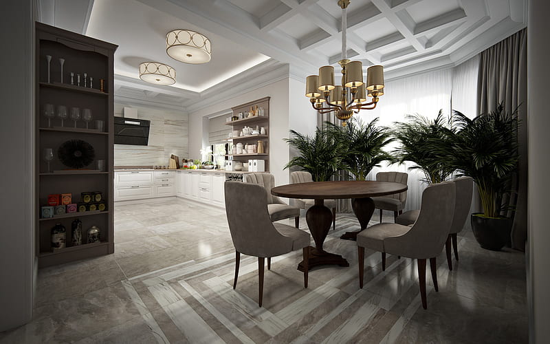 living room, kitchen, dinning room, room design, modern stylish interior design, dining table, modern interior design, HD wallpaper
