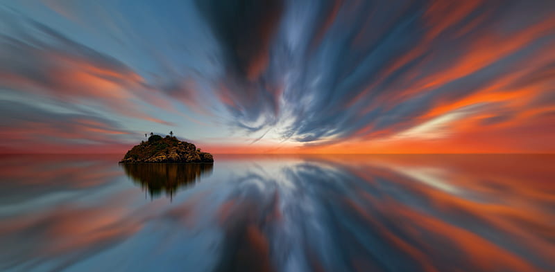 Sunset, orange, summer, johannes plenio, island, blue, cloud, water, vara, reflection, HD wallpaper