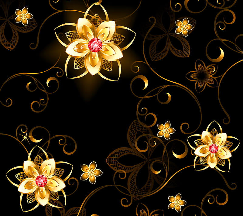 Golden Flowers, abstract, art, desenho, floral, gold, vector, HD wallpaper