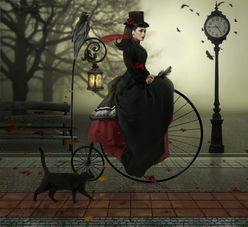 retro bicycle, lanterns, autumn, bicycle, cat, woman, hat, retro, leaves, town clock, crow, walking, street, HD wallpaper
