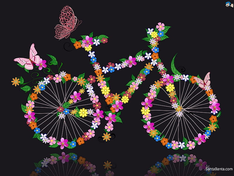 Flowered Bicycle, flowers, butterflies, abstract, vector, bicycle, HD wallpaper