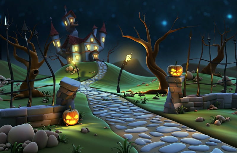 Halloween Eve, fence, rocks, house, grass, jack o lanterns, eve, lights, stones, path, Halloween, evening, night, hills, trees, lamp posts, sidewalk, pumpkins, HD wallpaper