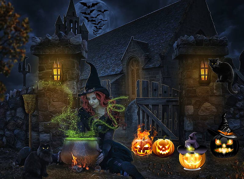 A Magic Spell, halloween, bats, cauldron, witc, cats, church, pumpkins, HD wallpaper