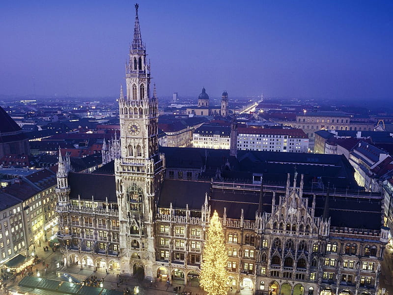 New Town Hall Munich Germany, city, lights, tower, town, HD wallpaper