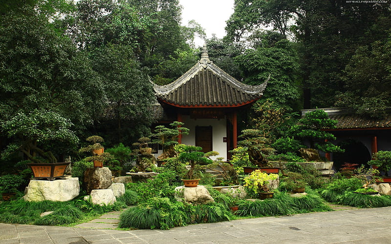 Japanese Home Garden, bonsai, japanese house, frontyard, flowers, bonito, greens, trees, HD wallpaper