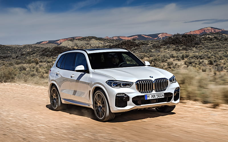 BMW X5, 2019, luxury white SUV, desert, speed, new white X5, German cars, BMW, HD wallpaper
