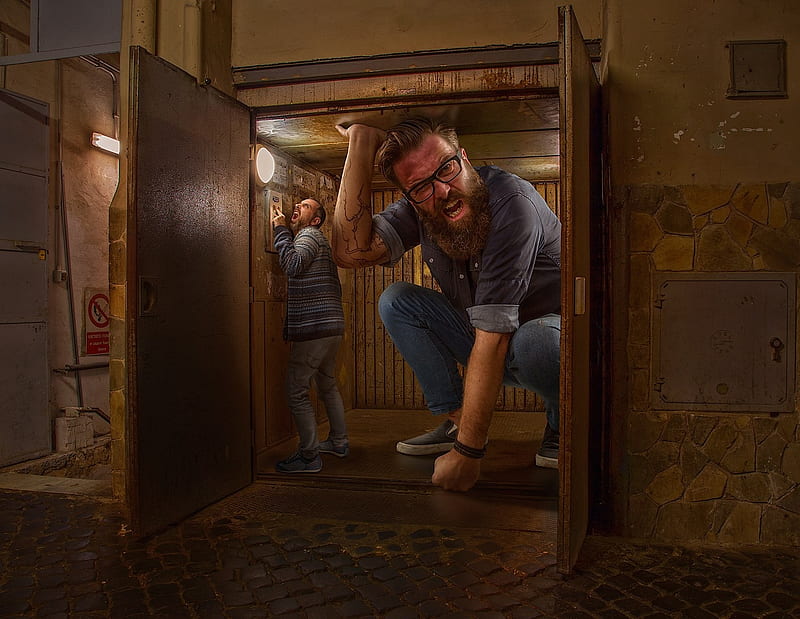 :D, adrian sommeling, giant, fantasy, man, funny, creative, situation, door, HD wallpaper