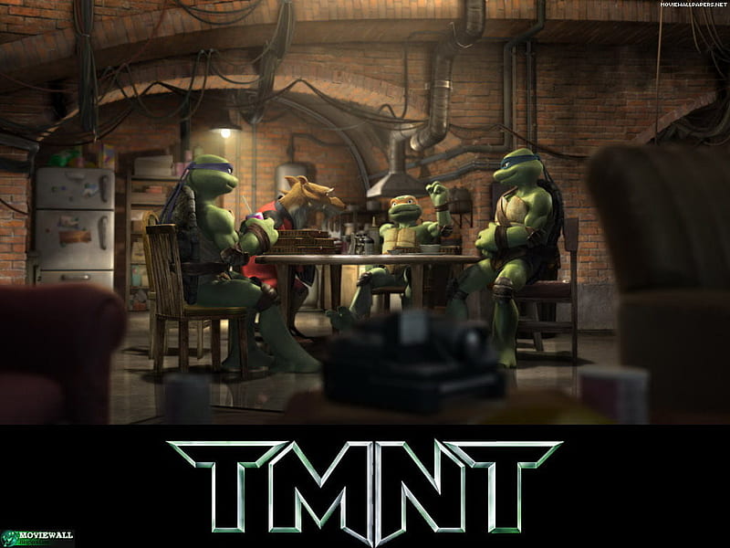 TMNT Sitting near a table, turtles, table, sewer, tmnt, HD wallpaper