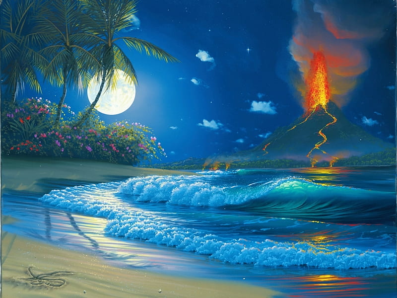 Volcano Moon, beach, fire, painting, digital, waves, artwork, sea, palms, HD wallpaper
