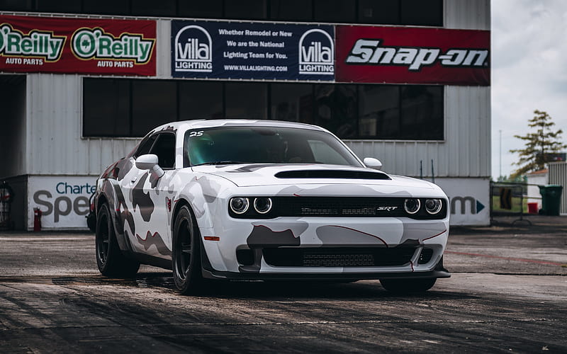 Dodge Challenger, white sports coupe, black wheels, tuning Challenger, American sports cars, white camouflage, Dodge, HD wallpaper