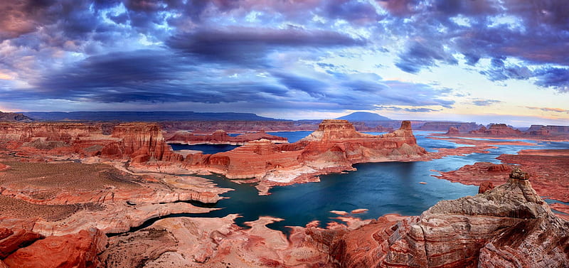 Lake Powell Panorama, reservoir, bonito, sky, clouds, canyon, erosion, cliff, river, Arizona, reddish, blue, Utah, HD wallpaper