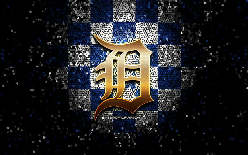 Detroit Tigers, glitter logo, MLB, blue white checkered background, USA, american baseball team, Detroit Tigers logo, mosaic art, baseball, America, HD wallpaper