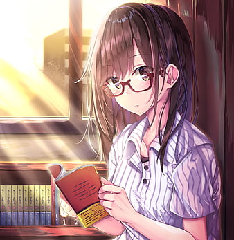 anime girl, meganekko, brown hair, reading, moe, cute, sunlight, Anime, HD phone wallpaper