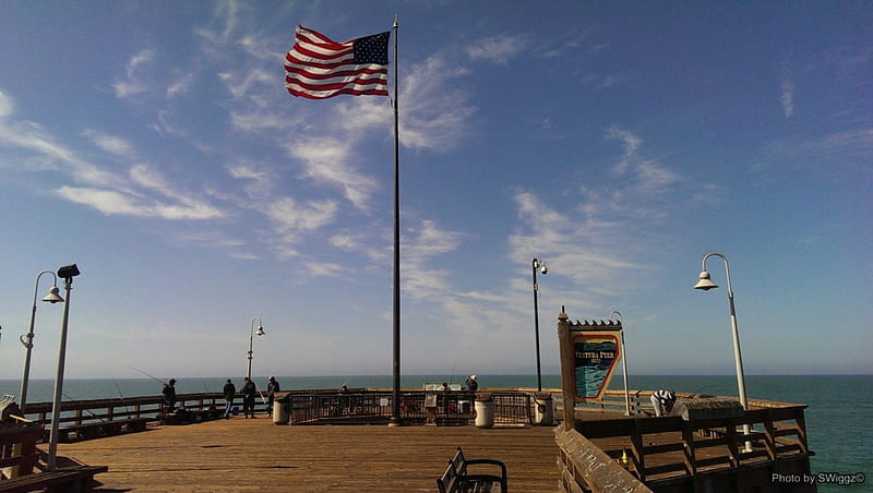Old Glory on the Ventura Pier, United States, Sky, California, Old Glory, Ventura, Pier, Ocean, Flag, HD wallpaper