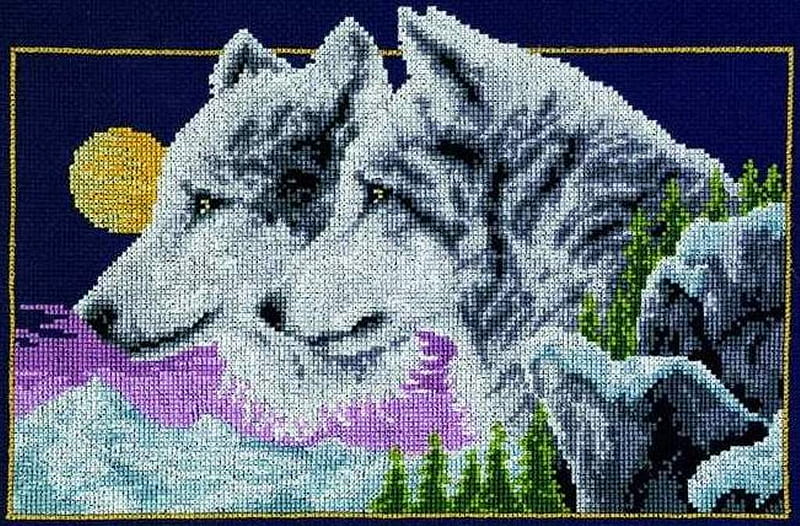 Embroidered wolves, art, wolves, animals dogs, frame, HD wallpaper
