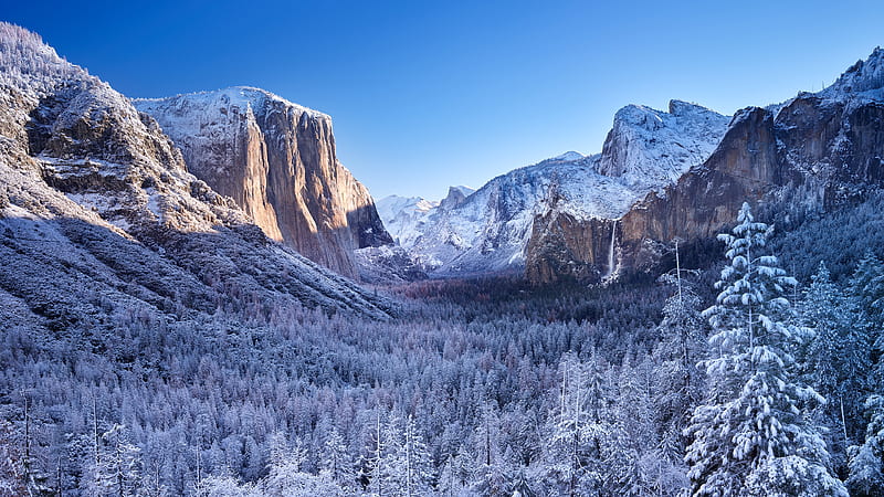 yosemite national park, snow, trees, cliff, mountain, clear sky, Landscape, HD wallpaper