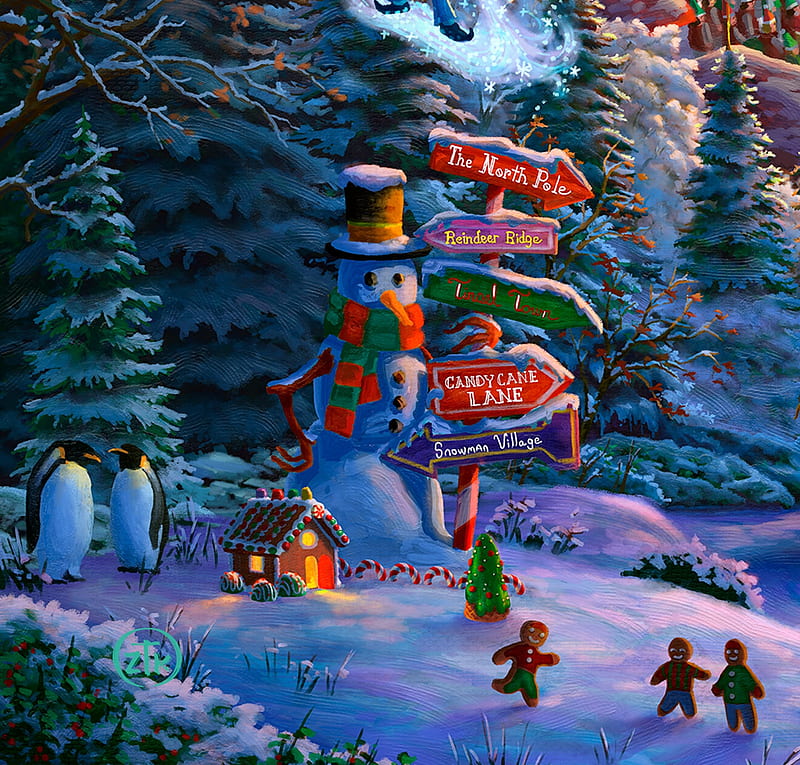 Santa's North Pole, art, fantasy, tree, bird, craciun, christmas, elf, penguin, snowman, HD wallpaper