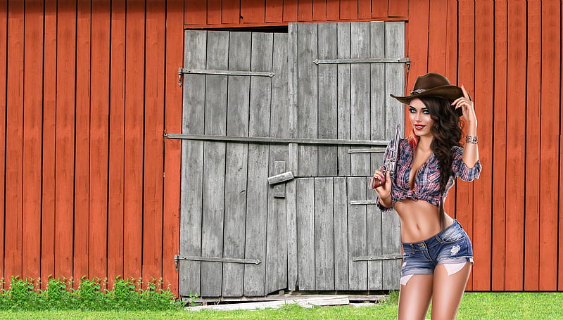 This Is Private Property . ., pistol, hats, cowgirl, ranch, outdoors, barn, brunettes, fantasy, style, western, HD wallpaper