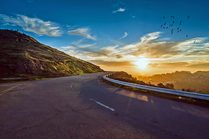 mountain road, montagna, nature, sole, sun, tramonto, HD wallpaper