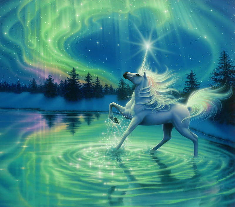Rainbow lights, pretty, colorful, bonito, rainbow, lights, animal, rings, fantasy, beauty, art, amazing, forest, unicorn, waves, horse, water, peaceful, digital, nature, northern, HD wallpaper