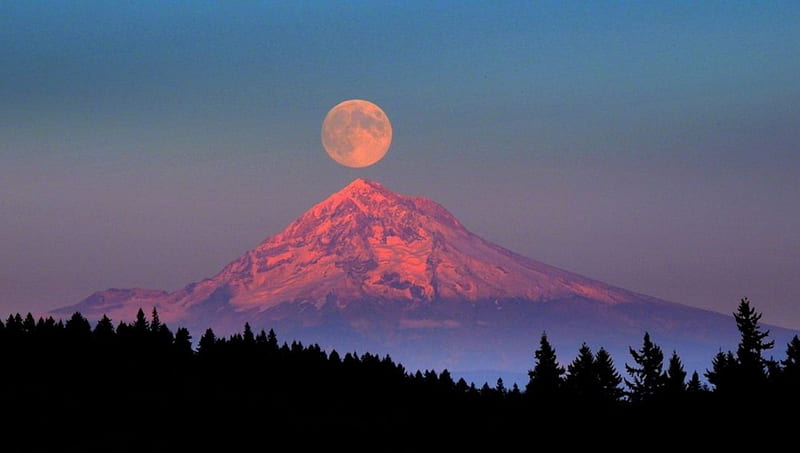 Super Moon-Oregon, USA, amazing, sunset, moon, mountains, HD wallpaper