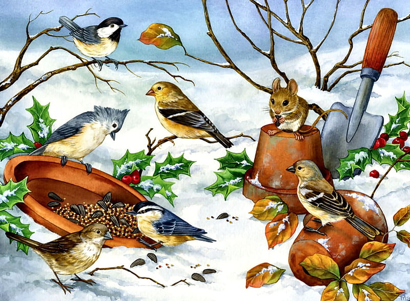 Snow Friends F1C, art, Junco, songbirds, illustration, artwork, titmouse, winter, nuthatch, chickadee, snow, mouse, painting, wide screen, wildlife, scenery, goldfinch, HD wallpaper