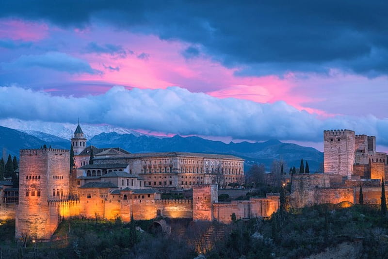 Alhambra, Spain, walls, granada, towers, r, sunset, clouds, castle, sky, HD wallpaper