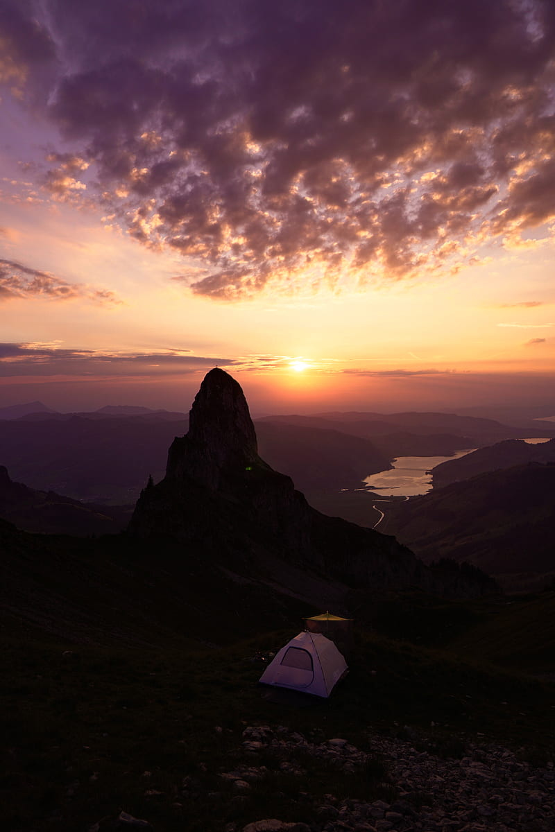 mountains, sunset, tent, camping, nature, HD phone wallpaper
