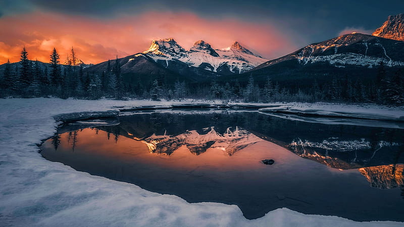Sunrise at Three Sisters, Canmore, Alberta, water, mountains, colors, ice, sky, reflections, canada, lake, HD wallpaper