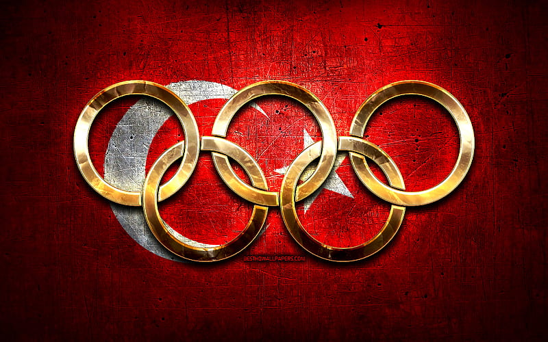 Turkish olympic team, golden olympic rings, Turkey at the Olympics, creative, turk bayragi, metal background, Turkey Olympic Team, flag of Turkey, HD wallpaper