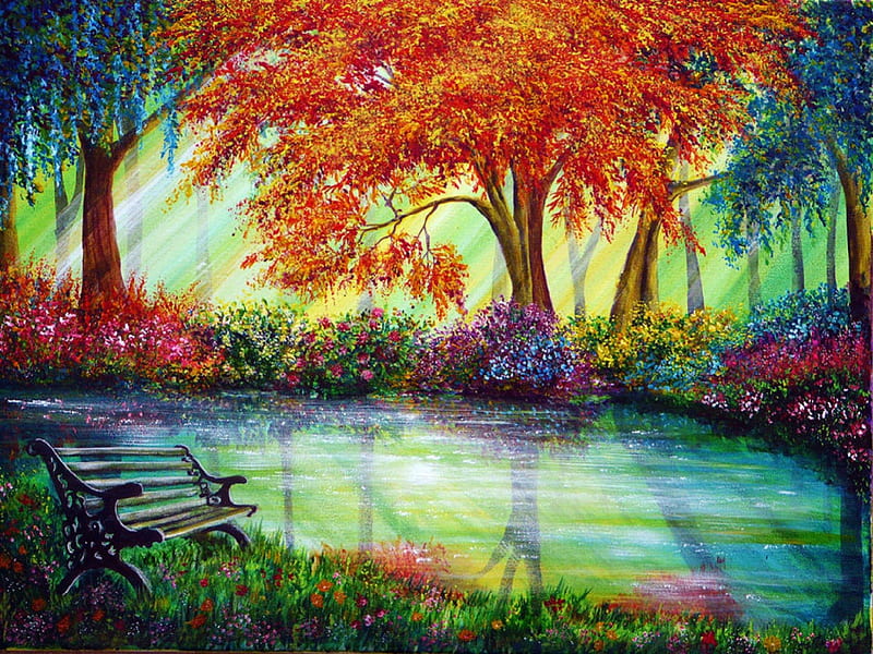 'Contemplation', stunning, draw and paint, little lakes, attractions in dreams, bonito, most ed, paintings, landscapes, heaven, flowers, scenery, traditional art, love four seasons, bench, creative pre-made, trees, nature, HD wallpaper