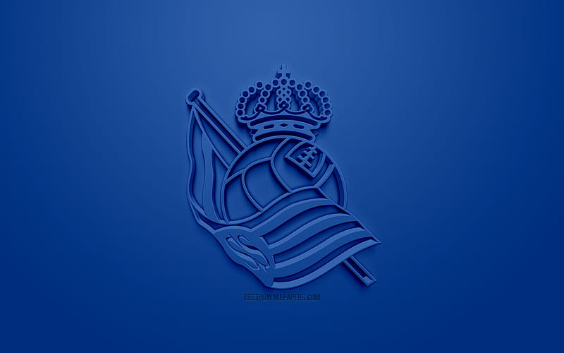 Real Sociedad, creative 3D logo, blue background, 3d emblem, Spanish football club, La Liga, San Sebastian, Spain, 3d art, football, stylish 3d logo, HD wallpaper