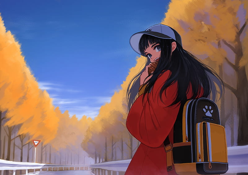 Anime Girl Backpack Autumn Hat Black Hair Anime Hd Wallpaper Peakpx 