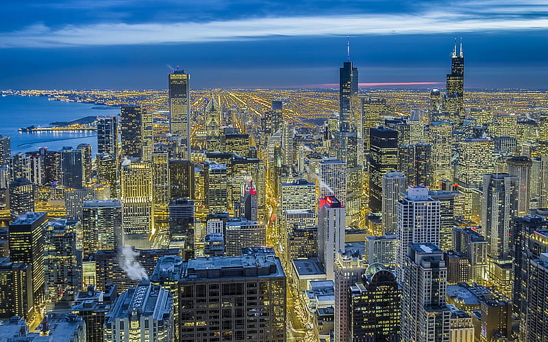 Chicago, night, panorama, Magnificent Mile, Illinois, USA, America, HD wallpaper
