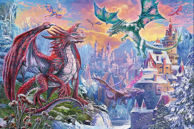 Dragon kingdom, snow, mountains, digital, sky, castle, artwork, dragons, winter, HD wallpaper