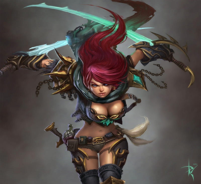 Katarina, fighter, game, red hair, sexy, two swords, league of legends, armor, gloves, cool, warrior, hot, light sword, long hair, sword, HD wallpaper